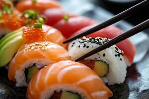 Chopsticks picking up uramaki sushi roll from platter of various sushi photo