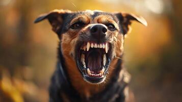 Aggressive dog showing teeth and growling in autumn scenery photo