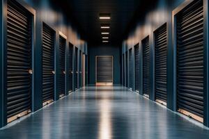 Long corridor with storage units and metal doors creating a perspective effect photo