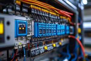 Electrical cabinet showing colorful wires and circuit breakers in a data center photo