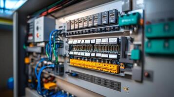 Electrical cabinet showing complex wiring and components in data center photo