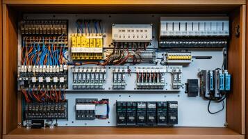Complex electrical panel with wires and components displaying modern technology photo