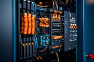 Network server cabinet with wires and switches connecting modules inside data center photo