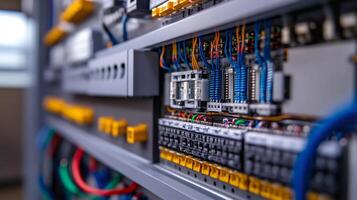 Electrical cabinet showing complex wiring and components in a data center photo