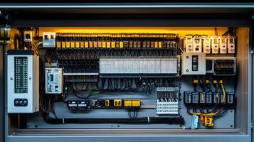 Open electrical cabinet showing complex wiring and components illuminated by warm light photo
