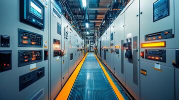 Electrical control room monitoring power distribution with illuminated panels photo