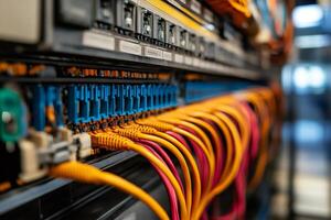Network cables connecting to server in data center are ensuring high speed data transmission photo