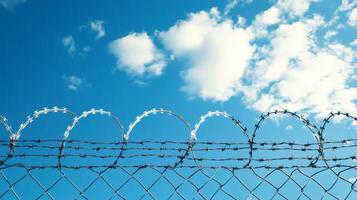 Barbed wire fencing reaching for a cloudy blue sky symbolizing imprisonment photo
