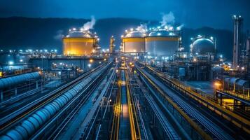 Illuminated gas processing plant with storage tanks and pipelines at dusk photo