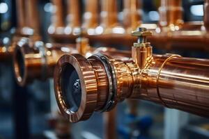 Shiny copper pipes with valves and sight glass in industrial setting photo