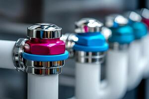 Plumbing system showing colorful pressure reducing valves regulating water flow photo
