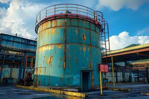 Large rusty tank dominating industrial landscape under cloudy sky photo