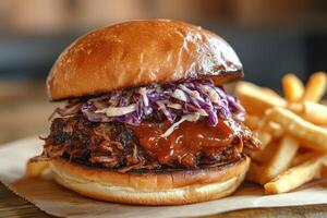 Delicious burger with pulled pork, coleslaw, and french fries displayed on table photo