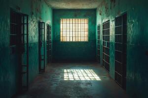 Corridor of prison cells with barred window illuminating floor photo