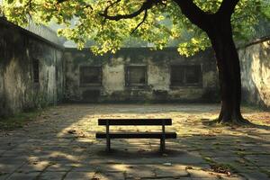 Empty bench sitting in deserted courtyard of old prison building photo