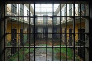 Moss growing in abandoned prison cell block through bars photo