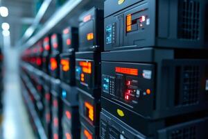 Server room equipment blinking and processing data in data center photo