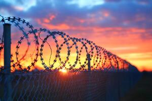 Barbed wire fence protecting property during sunset creating nostalgic atmosphere photo