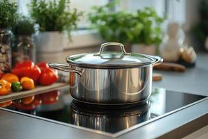 Stainless steel cooking pot on modern induction stove with vegetables in background photo