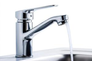 Modern chrome faucet pouring fresh water into stainless steel sink photo