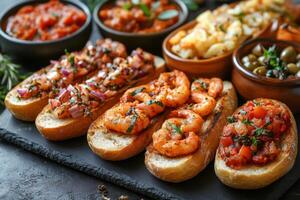 Delicious bruschetta with shrimps, tomato and onion salsa on black serving board photo