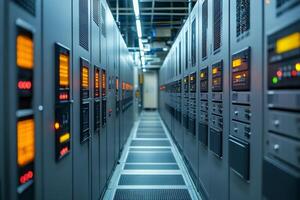 Server room corridor with blinking lights in data center.. . photo