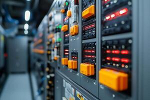 Electrical control panel showing multiple lights and switches in a server room photo