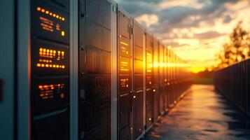 Network servers processing big data in data center at sunset photo