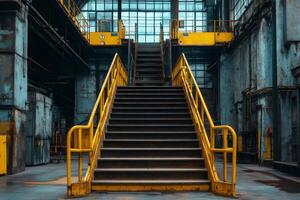 Industrial staircase leading upwards in abandoned factory setting photo