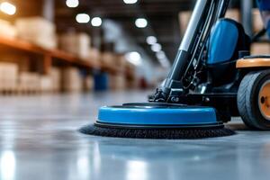 Cleaning machine scrubbing warehouse floor with rotating brushes.. photo
