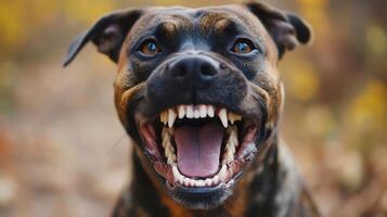 Aggressive dog showing teeth and growling in autumn scenery... photo