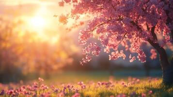 Blooming cherry tree in spring meadow at sunset creating stunning scenery photo