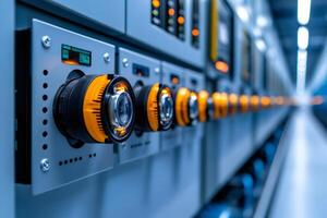Electrical cabinet showing multiple indicators lighting up in server room photo