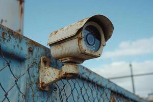 Rusty security camera monitoring a restricted area with wire mesh fence photo