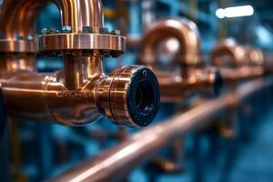 Copper pipes and valves creating complex industrial plumbing system photo