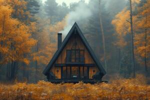 Cozy a frame cabin nestled in a misty autumn forest photo