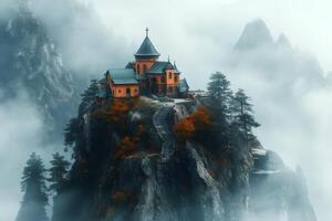 Sanctuary perched on a misty mountain peak embracing autumn colors photo
