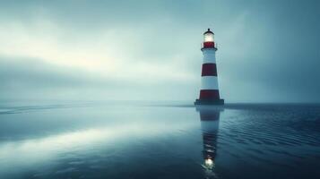 Lighthouse shining on tranquil misty coast at twilight guiding ships safely to shore photo