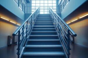 Modern staircase leading upwards in empty building with metal railings photo