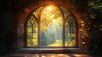 Sunlight entering through arched medieval window illuminating forest photo