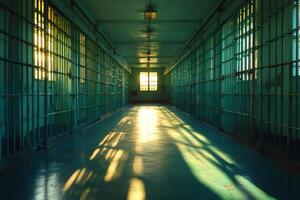 Empty jail corridor with light entering through bars and window photo