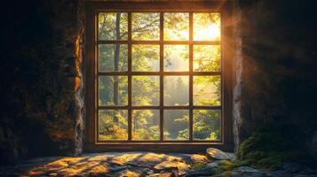 Sunlight illuminating lush forest through rustic window of stone house photo