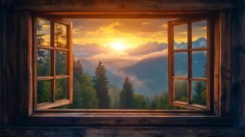 Open window overlooking stunning mountain sunrise with fog and forest photo