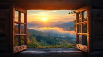 Open window overlooking stunning mountain sunrise with fog covering valley photo