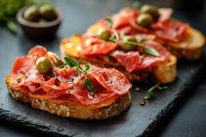 Delicious bruschetta with cured ham, thyme, and green olives resting on slate platter photo