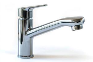 Modern chrome faucet on white background exhibiting elegance and functionality photo