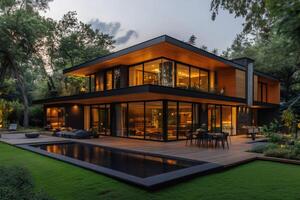 Modern luxury house illuminating the dusk with pool and garden photo