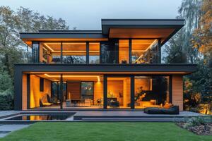 Modern sustainable luxury home illuminating the dusk with warm light photo