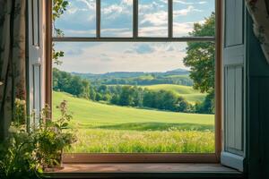 Open window overlooking rolling green hills and lush fields photo