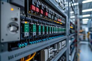 Electrical cabinet showing complex wiring and components in industrial setting photo